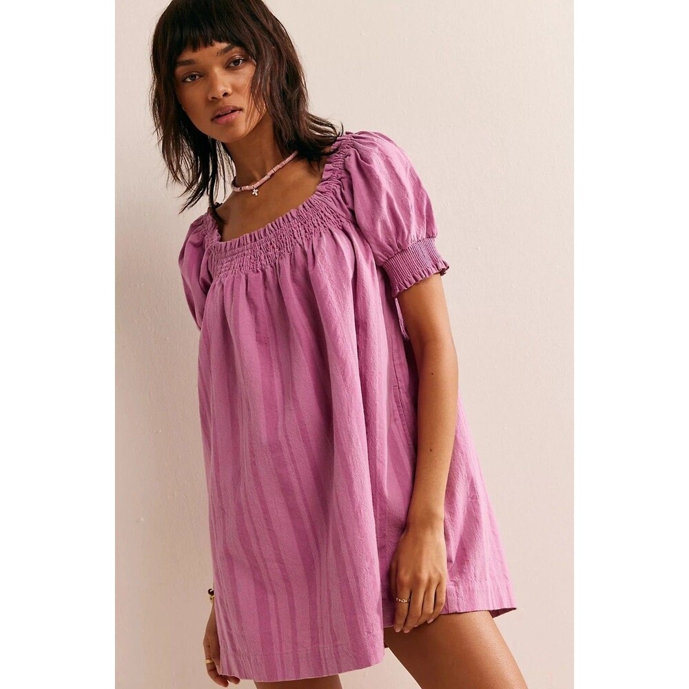 Free People Est Mila Mini Dress Smocked Shift Puff Sleeve Stripe Print XS 287635